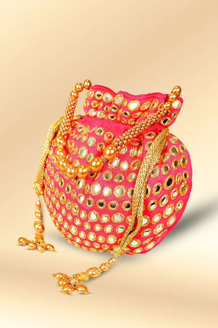 Pink Mirror Work Potli Bag