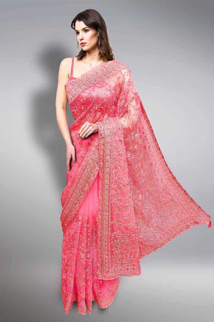 Pink Net Saree