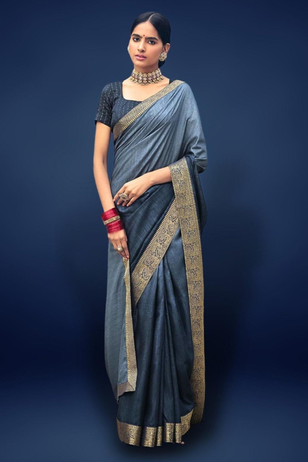blue grey saree - grey and blue saree - grey saree with blue blouse