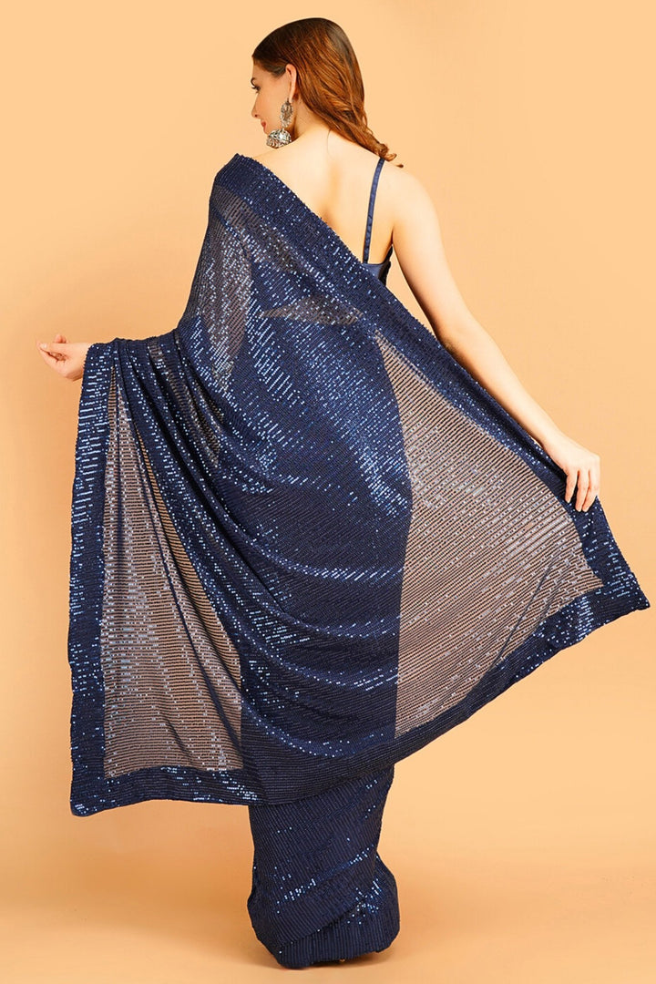 blue net saree - navy blue net saree