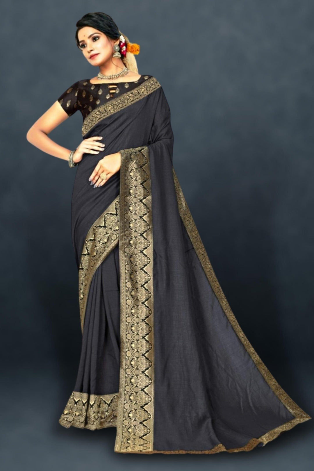 grey saree with golden border