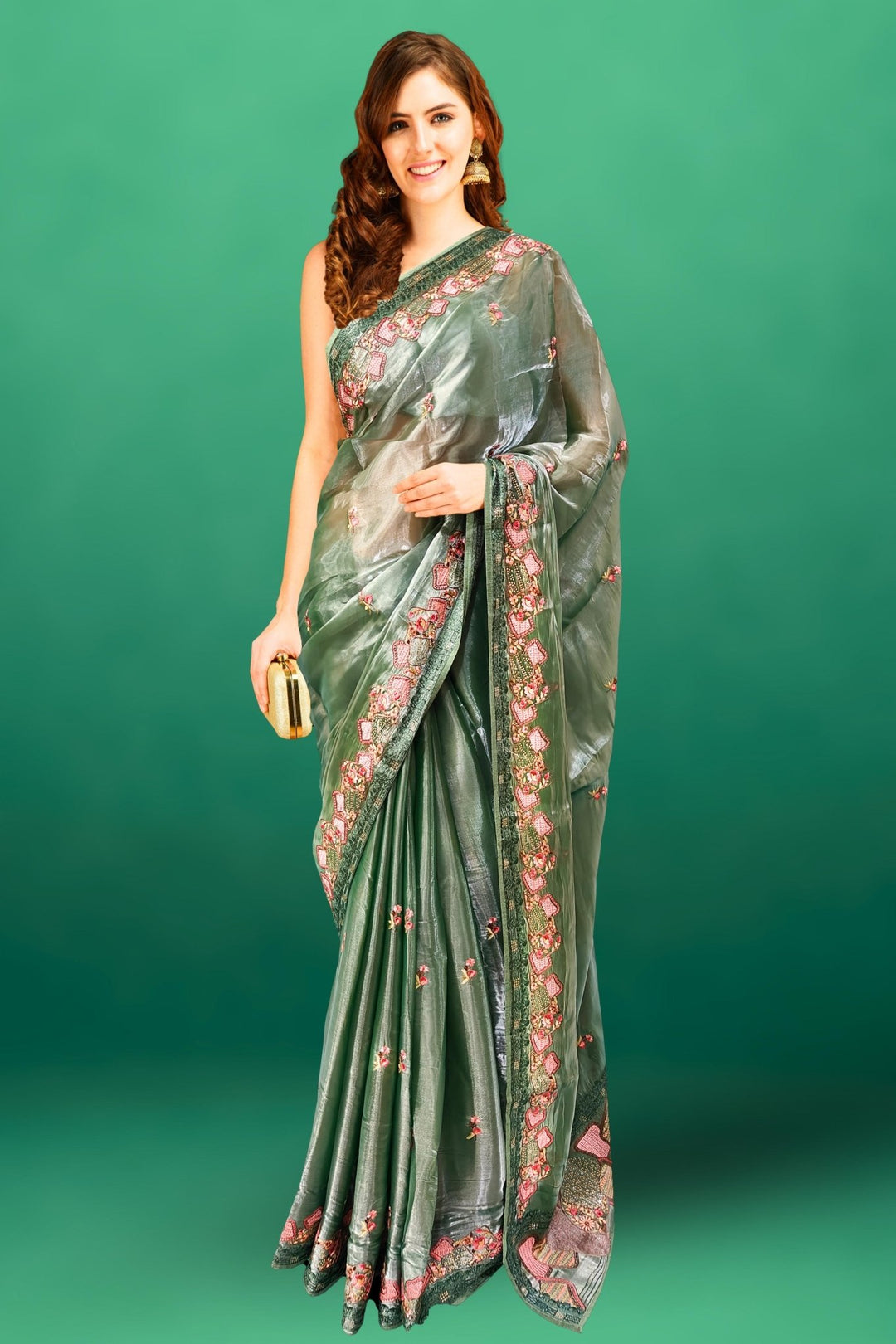light green organza saree - green organza saree