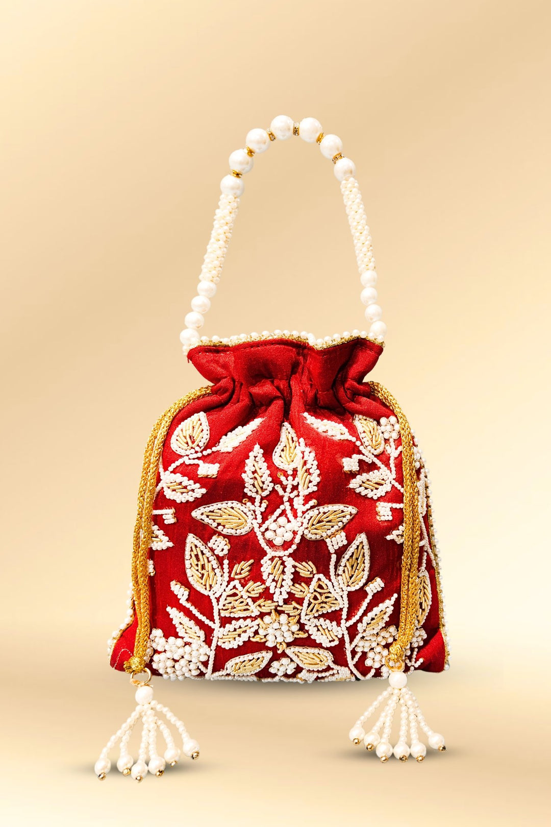 maroon pearl work potli bag