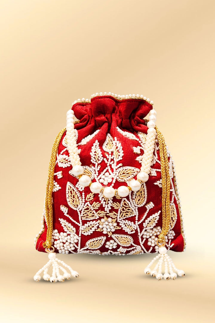 maroon pearl work potli bag