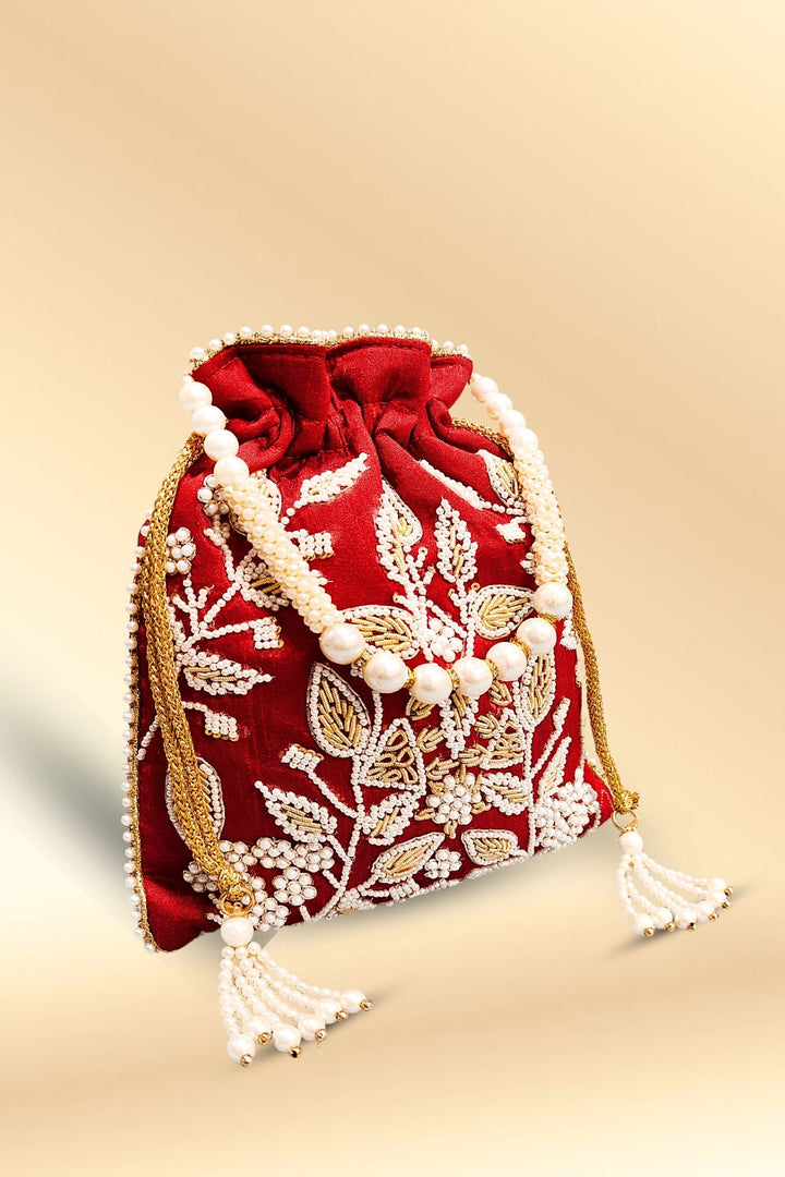 maroon pearl work potli bag