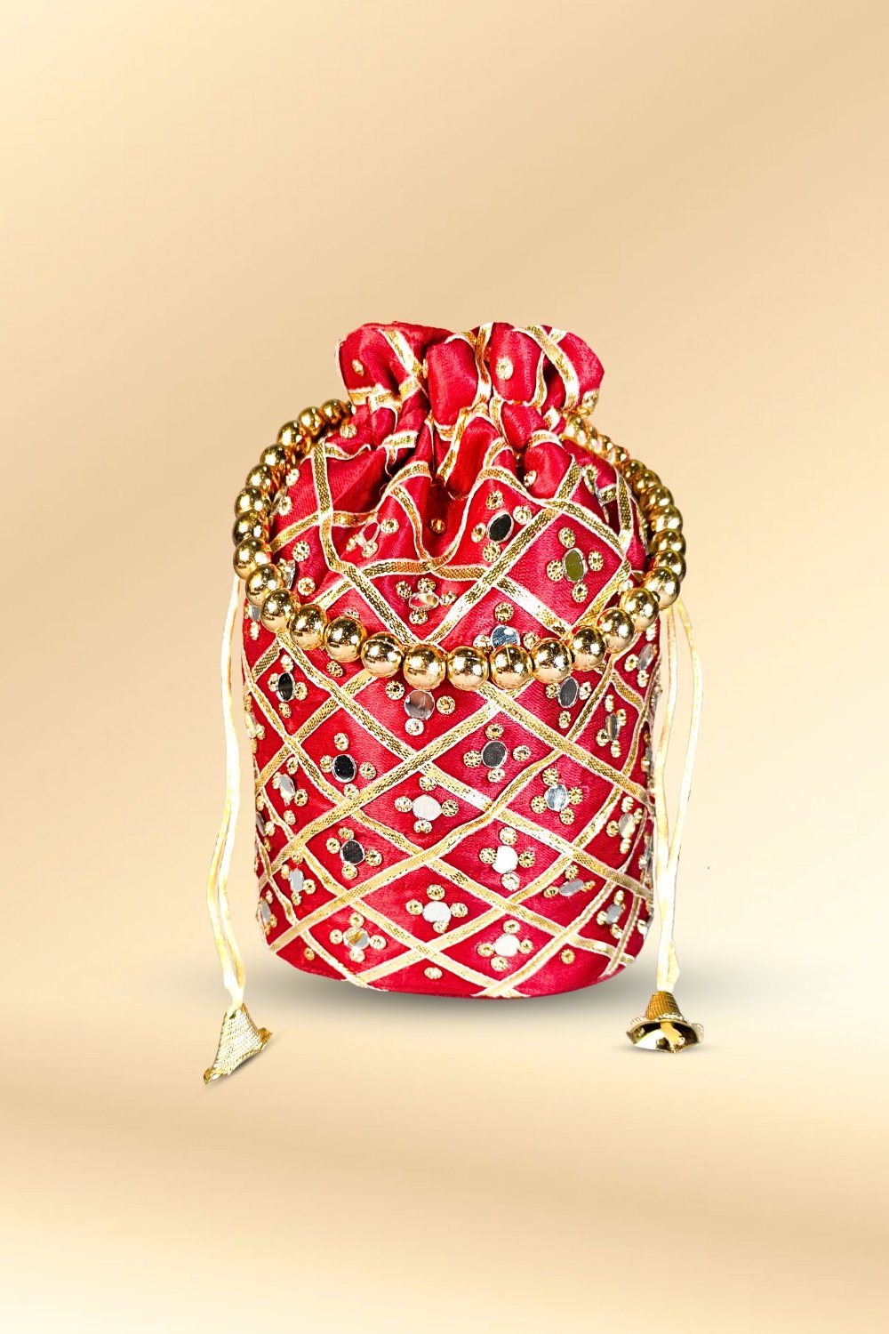maroon mirror work potli bag
