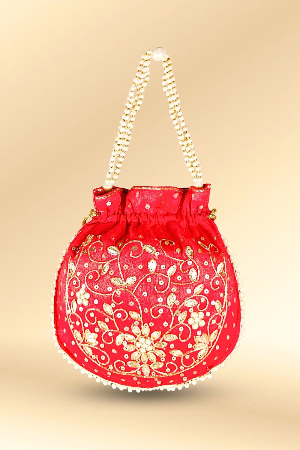 red pearl work potli bag