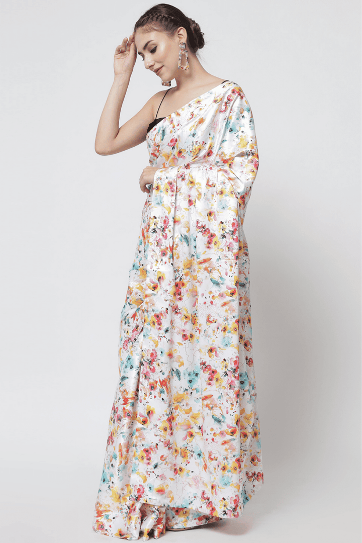 white satin saree - satin white saree