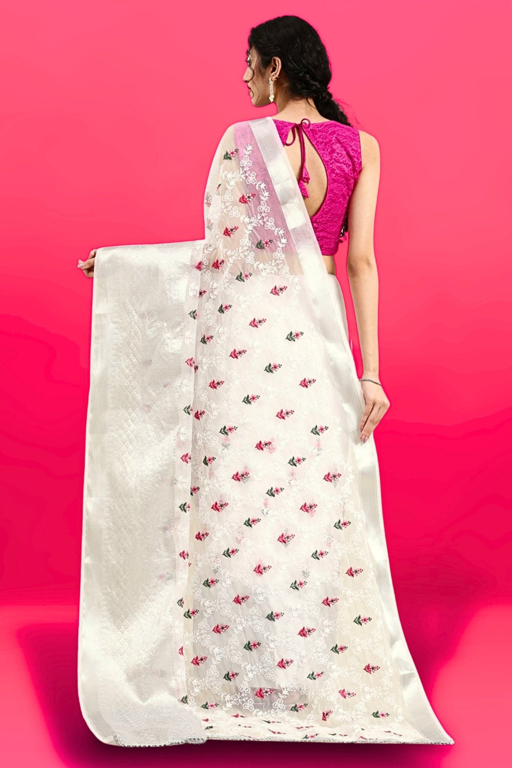 white organza saree - organza white saree - off white organza sarees - organza saree white - plain white organza saree - white floral organza saree