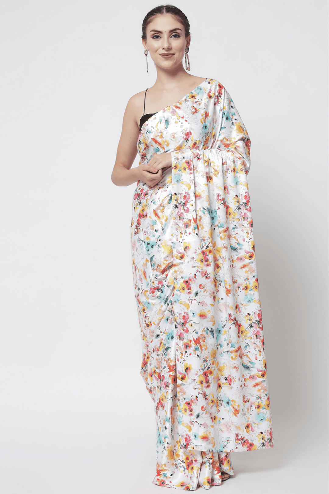 white satin saree - satin white saree