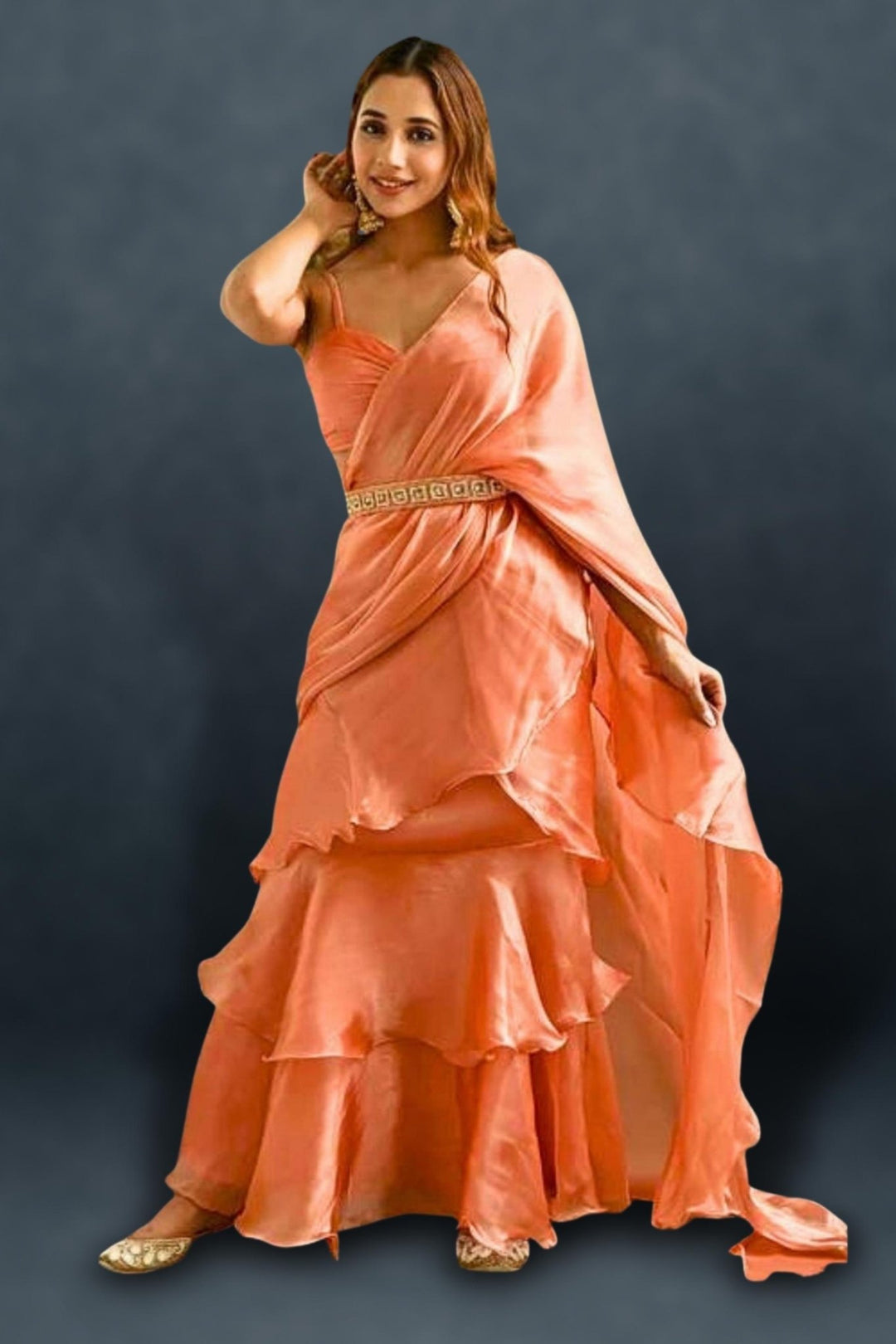 Pre Draped Ruffle Saree - ruffle saree with belt - 3 layer ruffle saree - frill style ruffled saree - frill saree with belt - jhalar wali sadi - modern twist ruffle saree