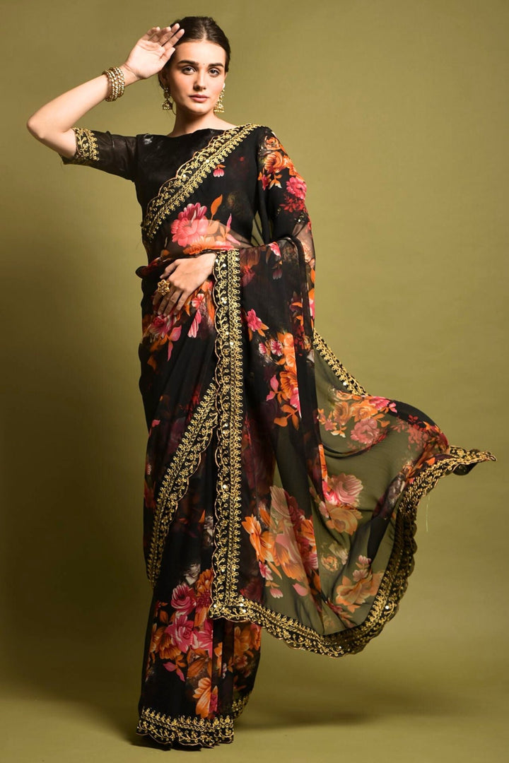 black floral saree - black floral print saree - floral black saree - black flower print saree - black saree with floral print - floral print black saree