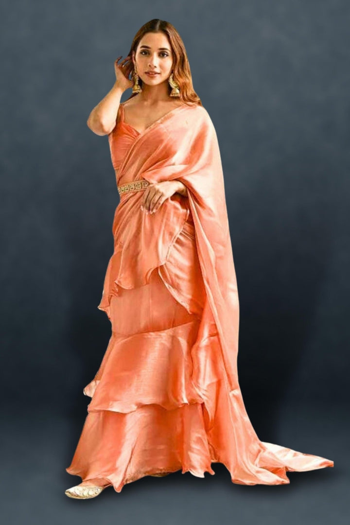 Pre Draped Ruffle Saree - ruffle saree with belt - 3 layer ruffle saree - frill style ruffled saree - frill saree with belt - jhalar wali sadi - modern twist ruffle saree