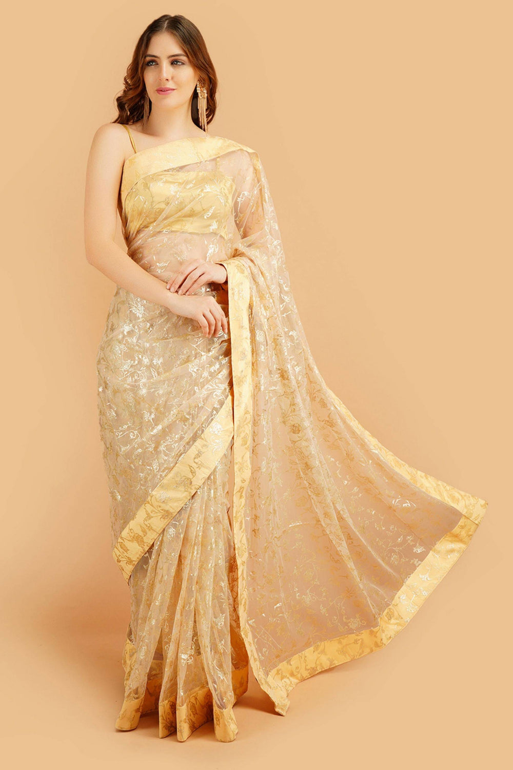 Sttylme - Divine Beige Foil Print Net Saree