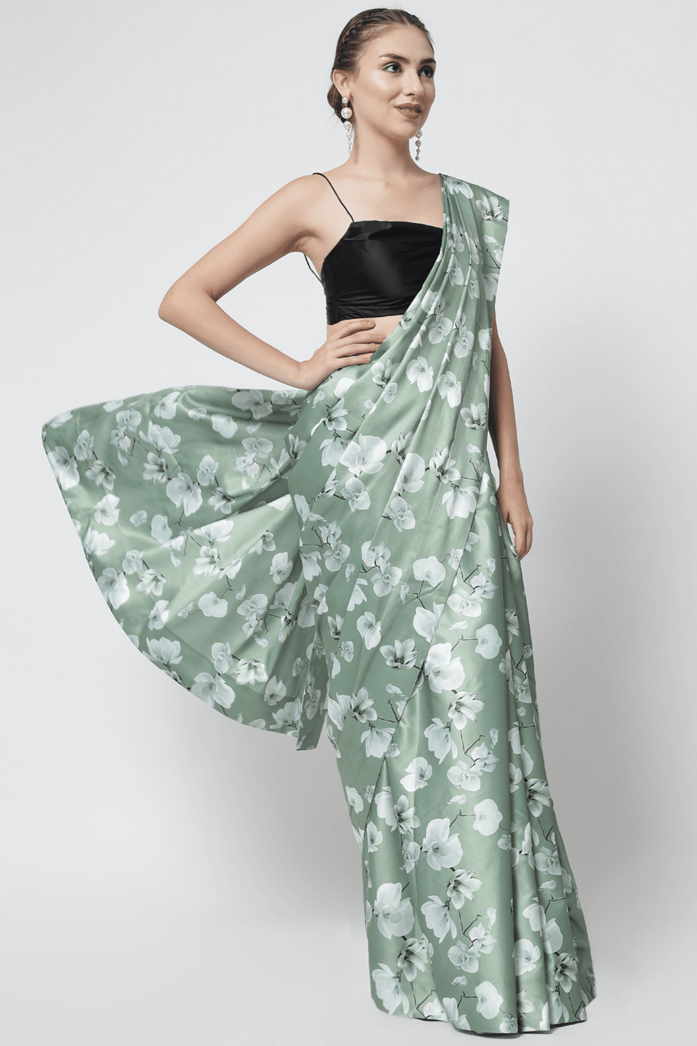 Sttylme - Dream Girl Olive Green Satin Saree