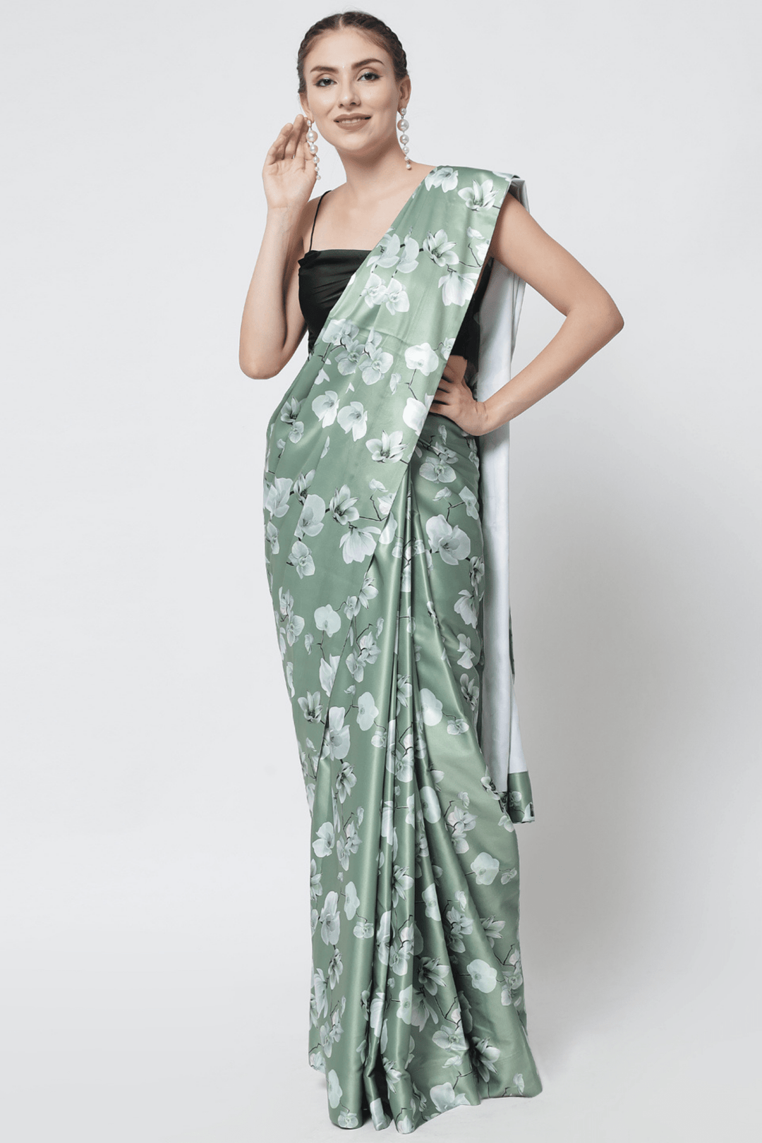 Sttylme - Dream Girl Olive Green Satin Saree