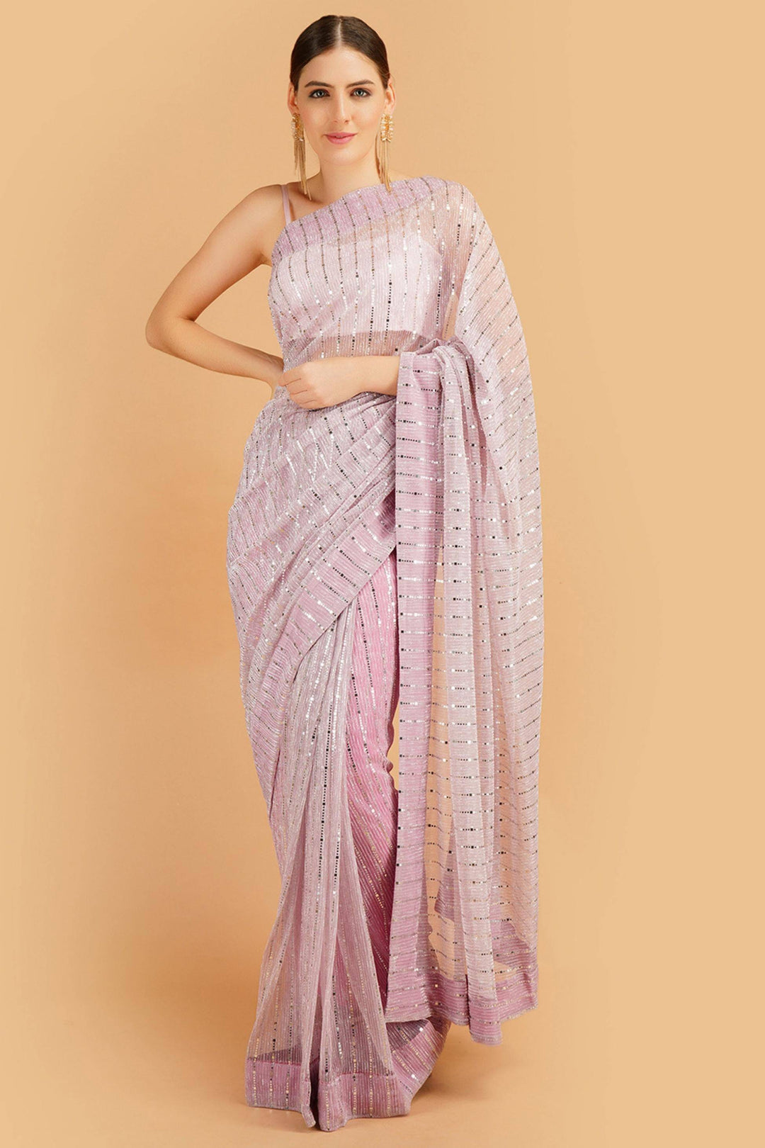 Sttylme - Sparks Fly Sequin Saree - Onion Pink